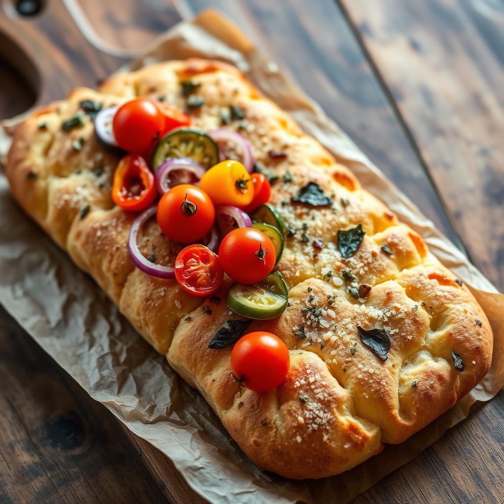 Focaccia mit buntem Gemüse, Kräutern und Meersalz