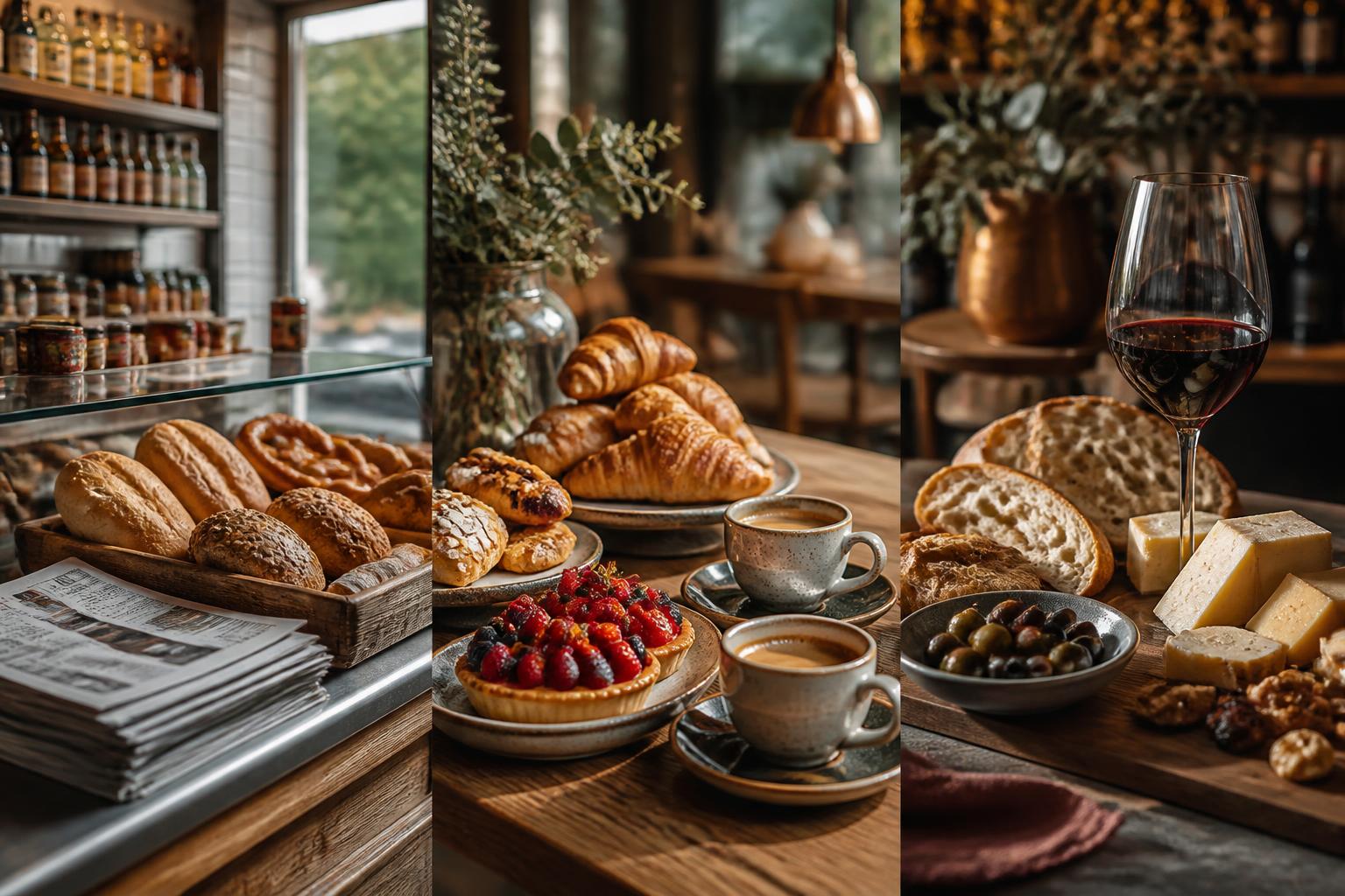 Collage aus Büdchen, internationalen Café-Spots und Weinbar mit Backwaren und Snacks
