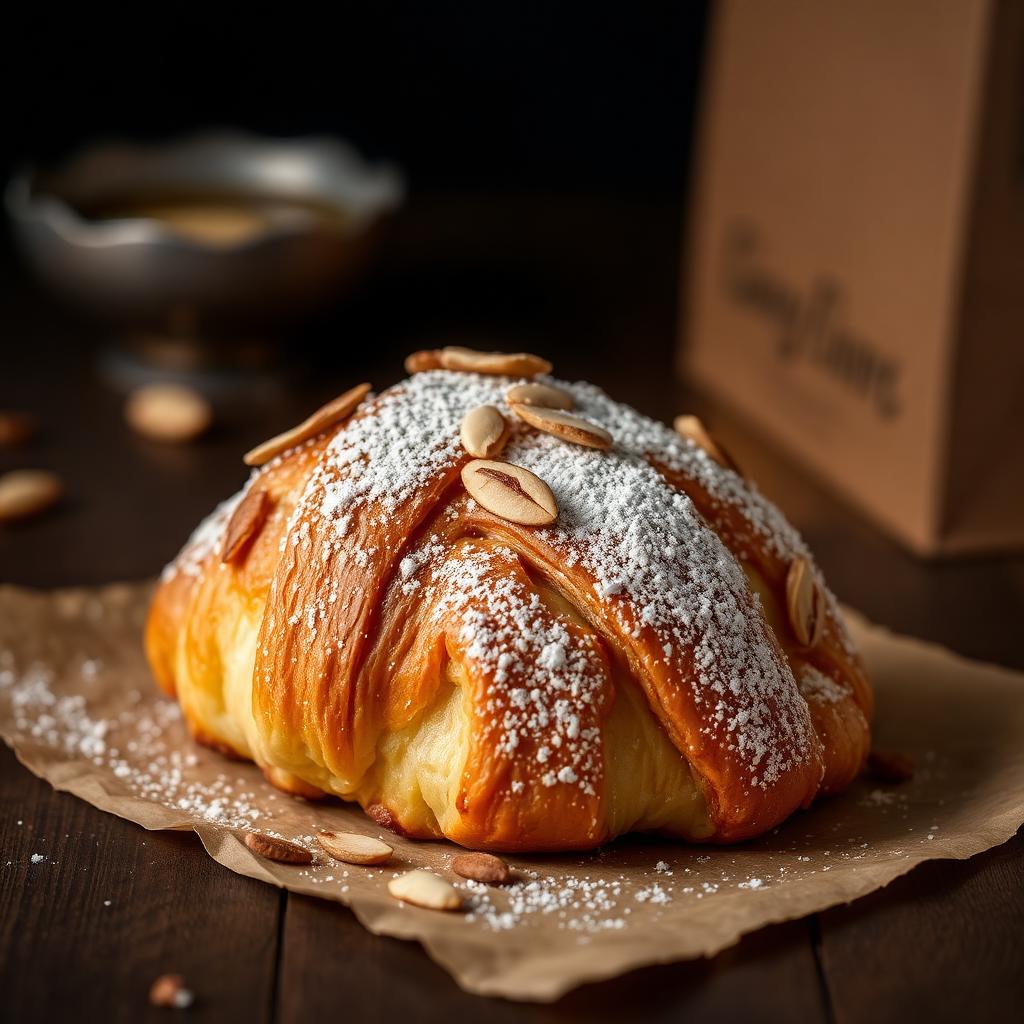 Mandelcroissant mit Mandelblättchen und Puderzucker