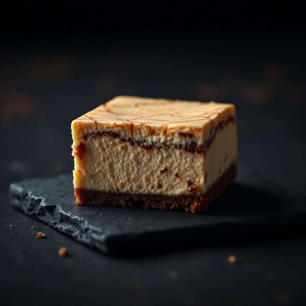 Viereckiges Stück New York Cheesecake mit Keksboden