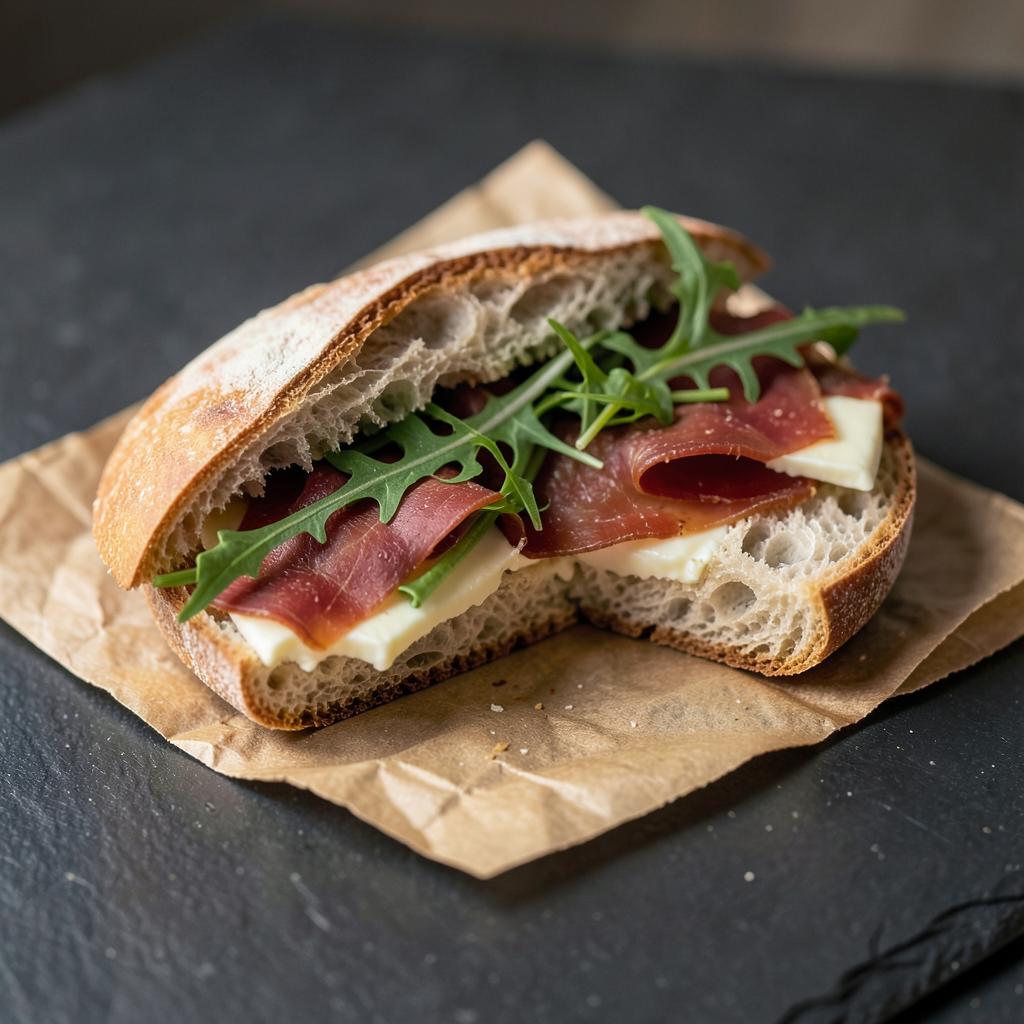 Ciabatta-Sandwich mit Bresaola, Rucola und Käse
