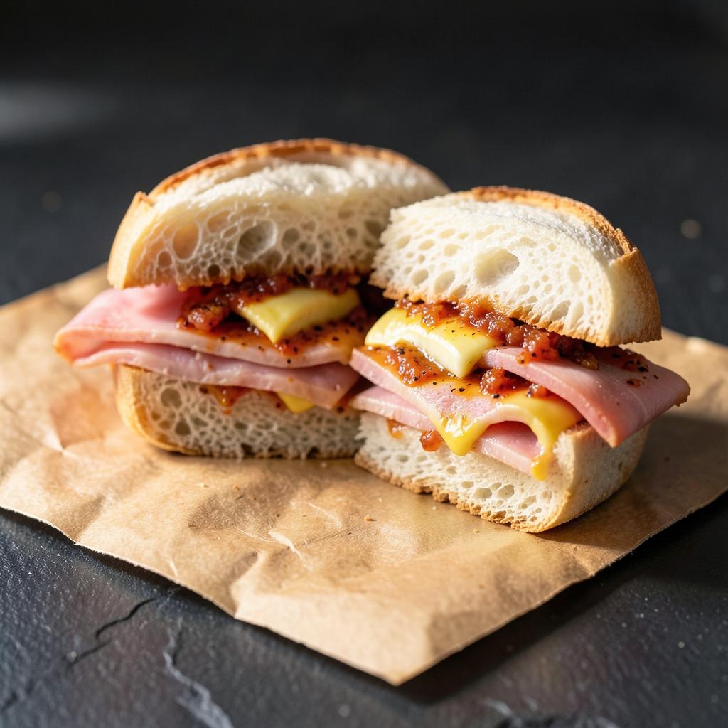 Sandwich mit Putenschinken, Käse und pikanter Sauce