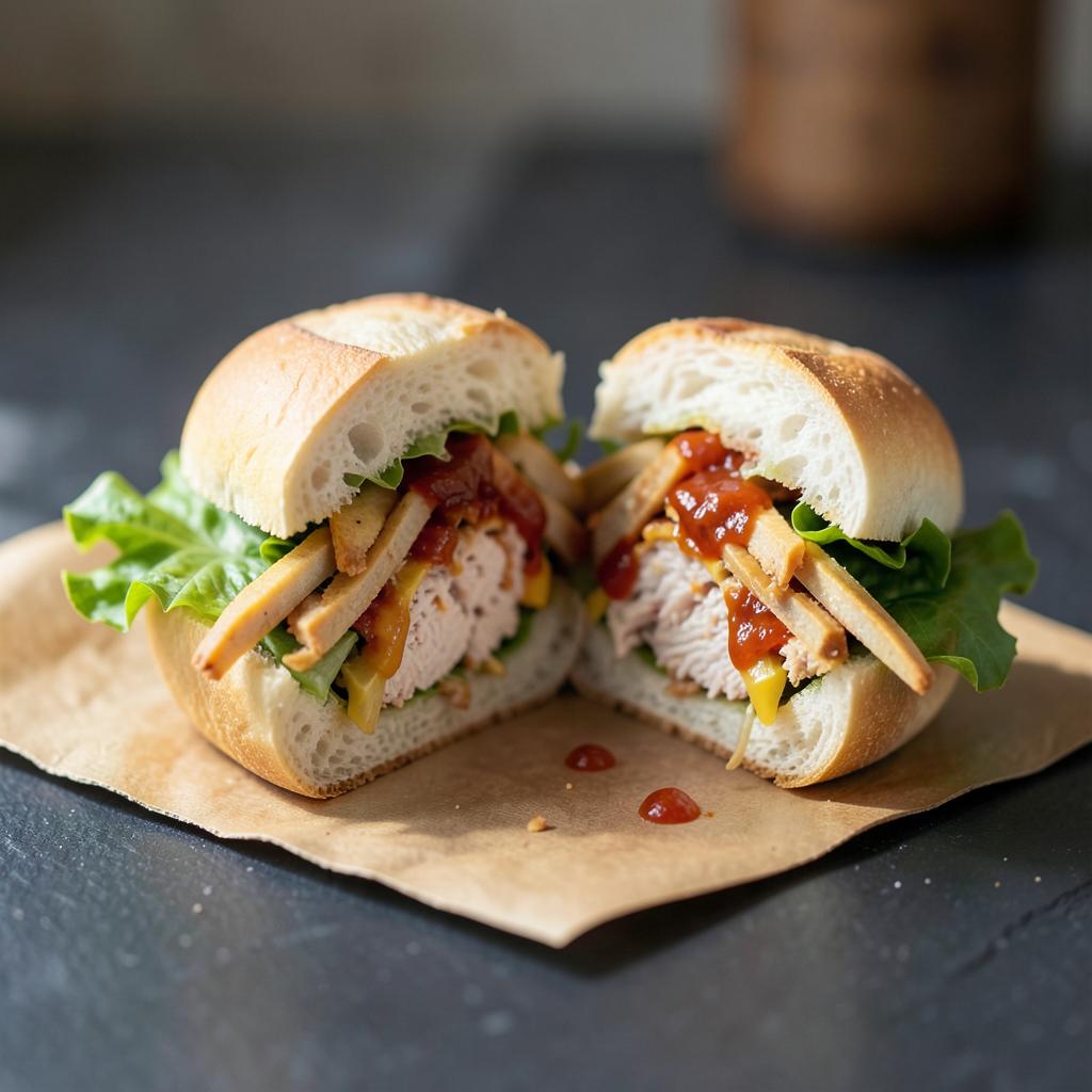 Veganes Sandwich mit Sweet-Chilli-Sauce und pflanzlichen Streifen