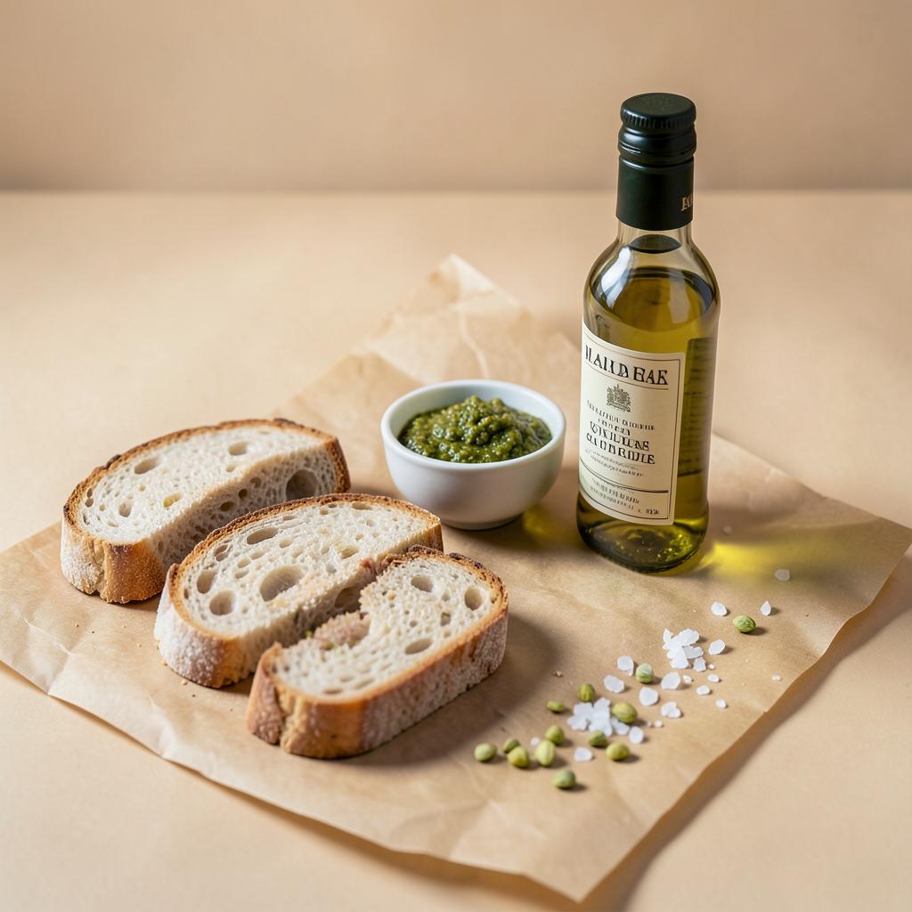 Aperitivo-Set mit Schiacciata, Pistazien-Pesto, Olivenöl und Meersalz