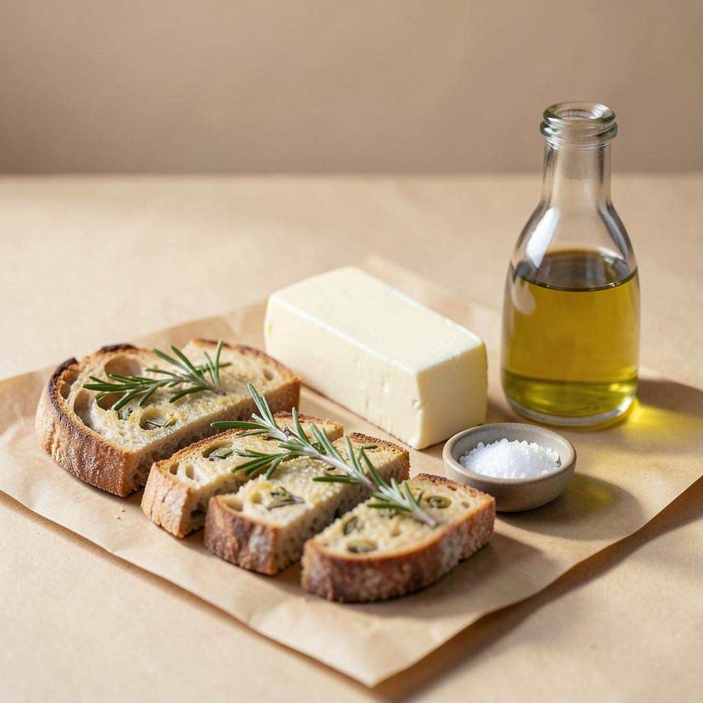 Mediterranes Tischset mit Focaccia, Butter, Meersalz und Olivenöl