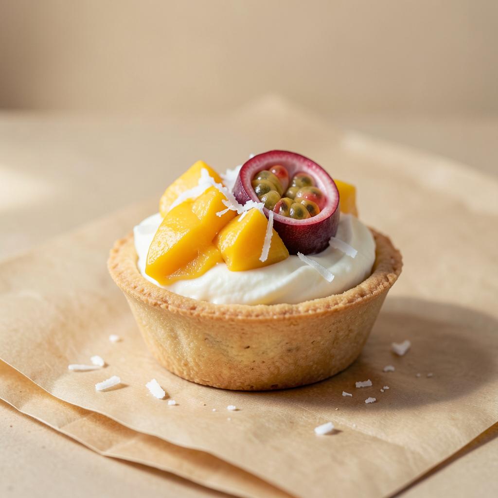 Tartelette mit Mango, Passionsfrucht und Kokoscreme