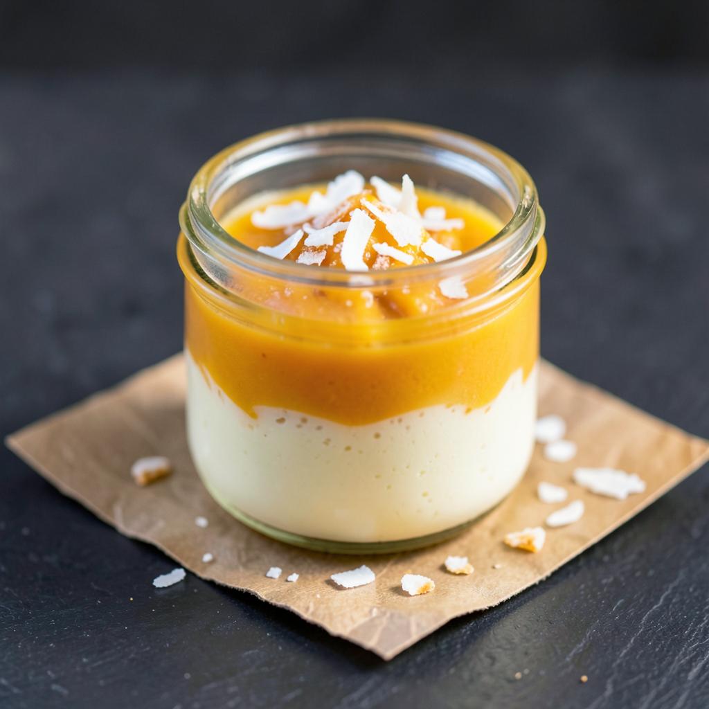 Yuzu-Zitronenmousse im Glas mit Mango und Kokosflocken
